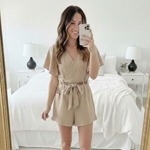 Entro Floral Embroidered Waist Tie Short Sleeve V-Neck Cottagecore Romper